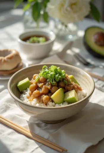 Natto con aguacate, bol de arroz japonés servido con salsa de soja, cebolleta y sésamo