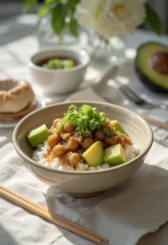 Natto con aguacate, bol de arroz japonés servido con salsa de soja, cebolleta y sésamo