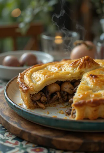 Pastel de pichón servido con corteza dorada.