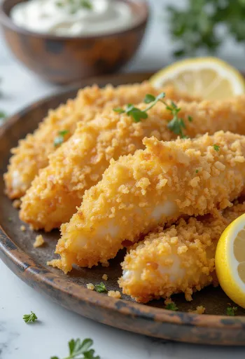 Pescado empanado frito dorado, servido con rodajas de limón y ensalada.