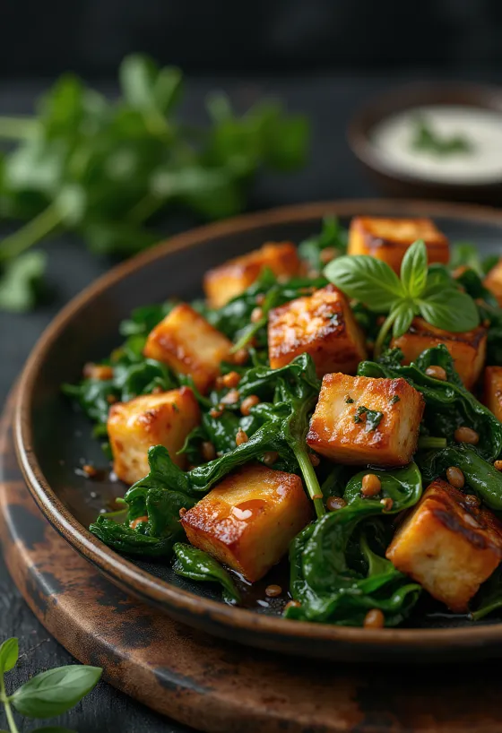 Bocados de tofu con espinacas servidos
