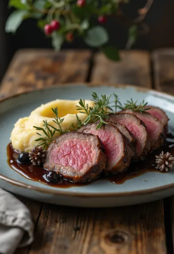 Lomo de ciervo con salsa de enebro servido con verduras asadas