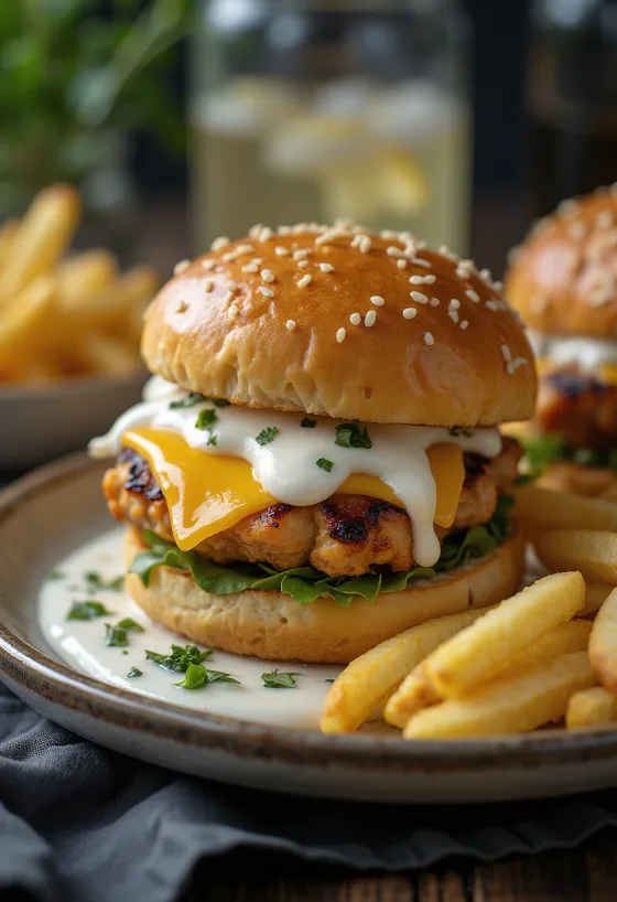 Hamburguesa de pollo ranch servida