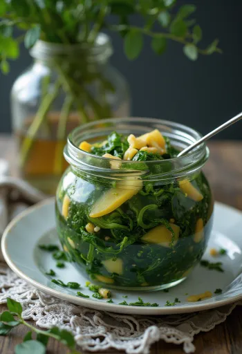 Espinacas agridulces encurtidas en un tarro