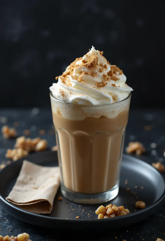 Frappuccino de canela y nueces decorado con nata montada y nueces molidas
