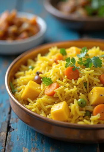Pulao de Paneer servido, decorado con ricas especias y queso paneer