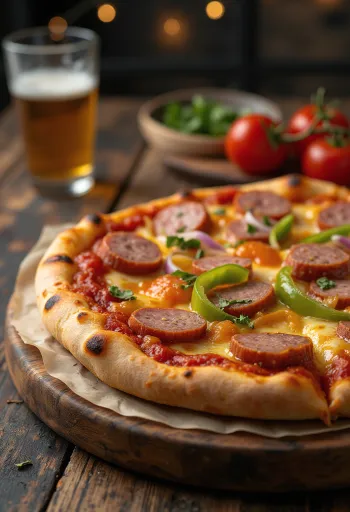 Pizza polaca con salchicha kielbasa y verduras frescas
