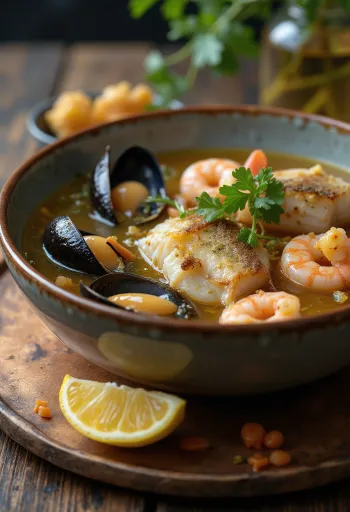 Psarosoupa de marisco: sopa rica con mejillones, gambas, aceite y limón