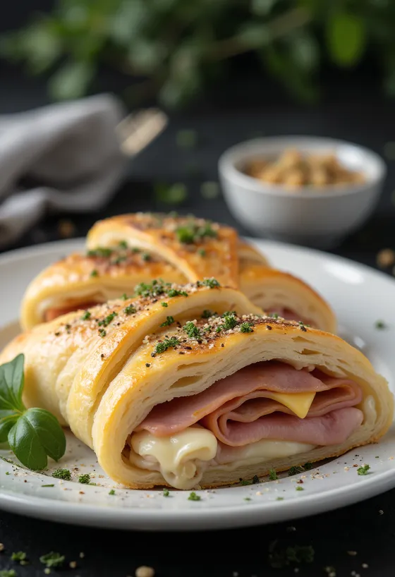 Stromboli de pechuga de pavo servido, con abundante pavo y mozzarella fundida por encima, crujiente por fuera y suave por dentro.