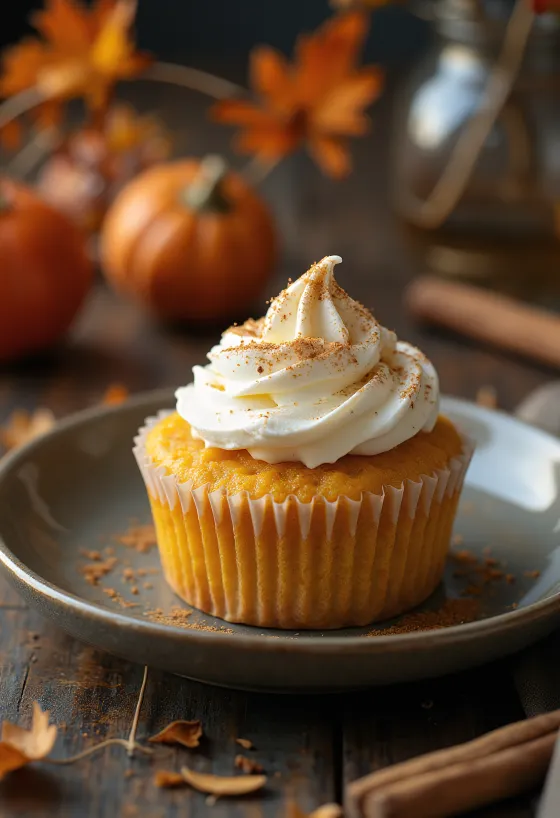 Cupcakes de calabaza decorados con crema y canela