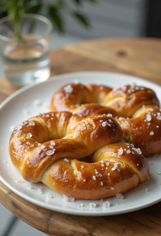 Bretzels veganos recién horneados servidos en una tabla de madera rústica