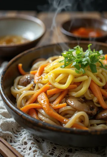 Yaki udon recién hecho, frito crujiente, en rica salsa de soja, servido con huevo