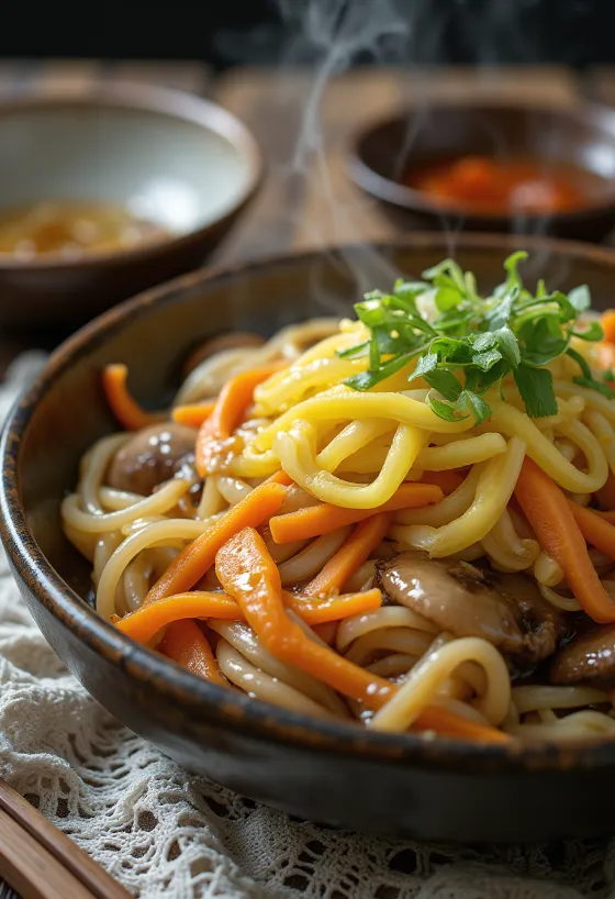 Yaki udon recién hecho, frito crujiente, en rica salsa de soja, servido con huevo