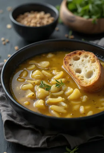 Caldillo de ajo servido con pan fresco
