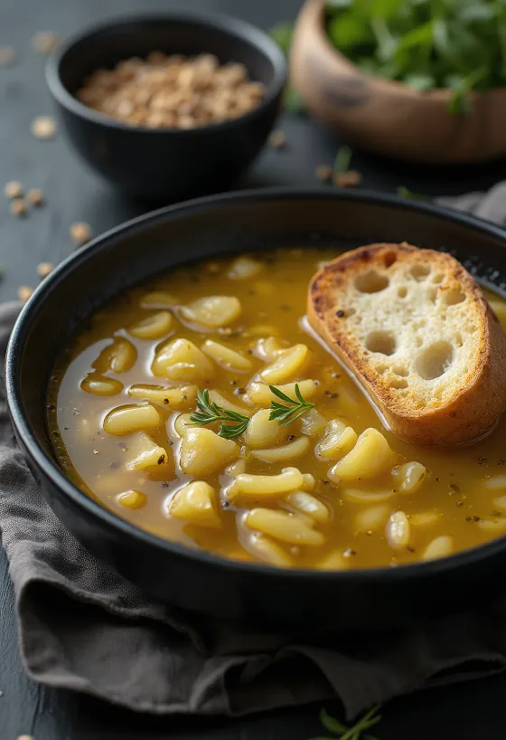 Caldillo de ajo servido con pan fresco