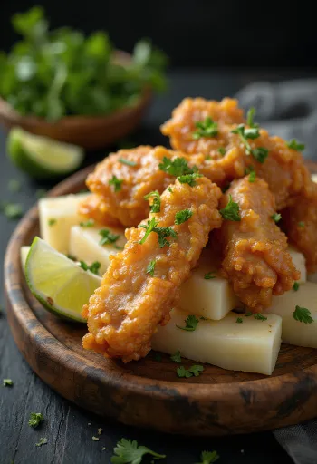 Chicharrón con yuca servido con cerdo crujiente y yuca dorada