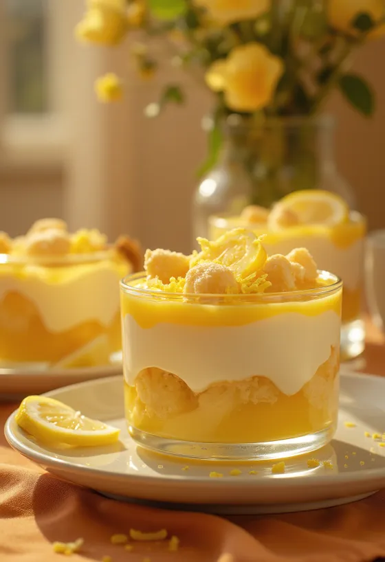 Sueño de limón con bizcochos en capas y crema de mascarpone, decorado con limón fresco