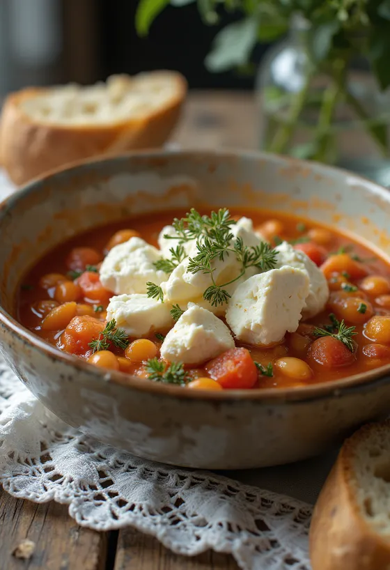 Fasolada con queso feta, sopa de alubias servida con aceite de oliva virgen