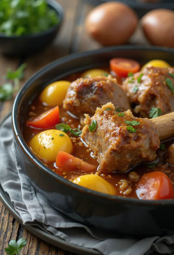Khashlama servido con cordero y verduras