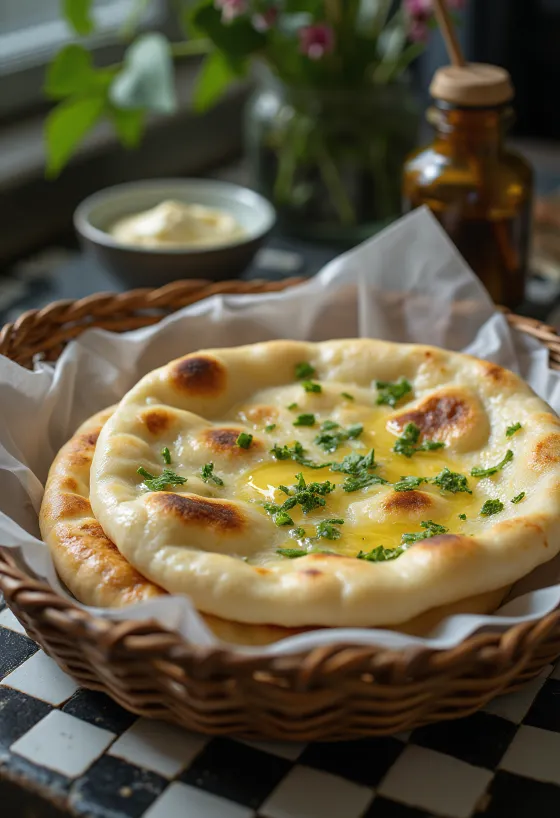 Naan de ajo de oso decorado con hierba fresca, servido caliente