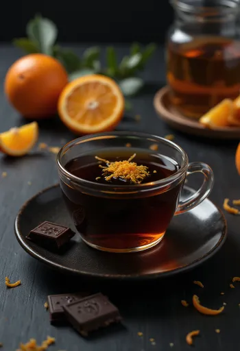 Té de naranja y chocolate con vapor aromático, decorado con rodaja de naranja