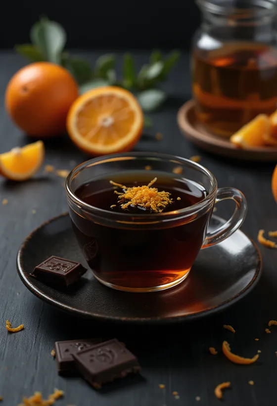 Té de naranja y chocolate con vapor aromático, decorado con rodaja de naranja