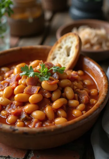Alubias con tomate espolvoreadas con perejil fresco, servidas en plato hondo.