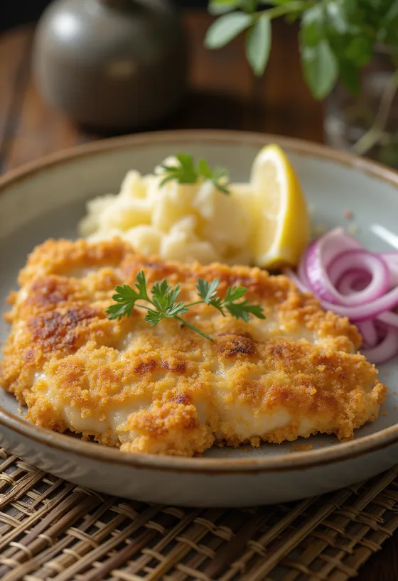 Schnitzel de cerdo con ensalada de patata servido en un plato.