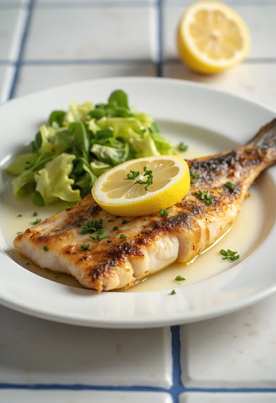 Filete de pescado a la plancha servido con limón y perejil fresco