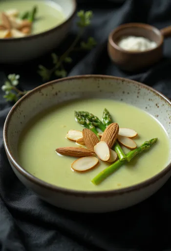 Crema de espárragos con leche de almendras servida