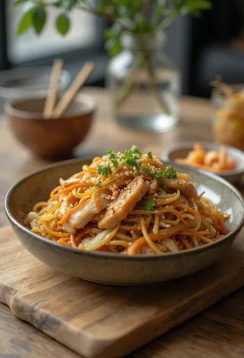 Yakisoba con pollo, fideos al wok japoneses con verduras crujientes