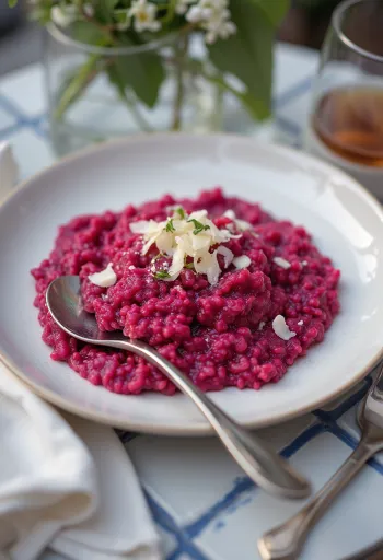 Risotto de remolacha cremoso servido con perejil fresco y parmesano vegano.