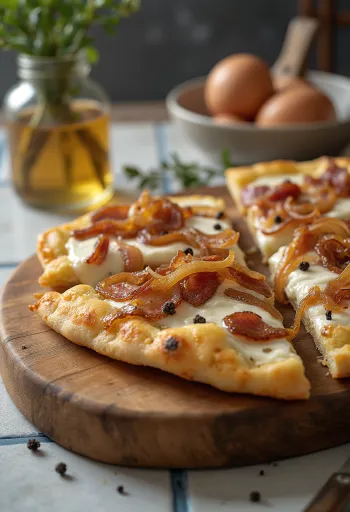 Flammkuchen con crema agria, cebolla y panceta
