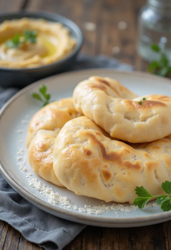 Pan de pita sin gluten horneado dorado, servido en tabla rústica
