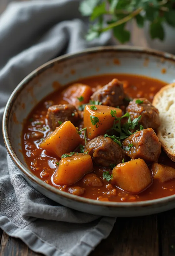 Pörkölt de avestruz servido con pan fresco.