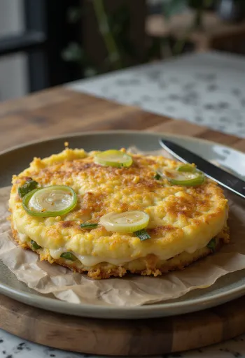 Pastel prebiótico de requesón y puerro, servido con puerro fresco y requesón