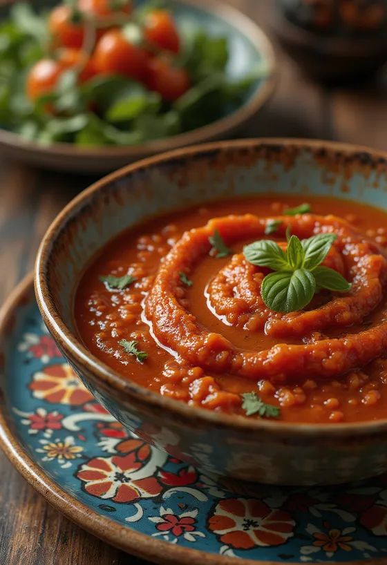 Salsa de tomate al pimentón servida con patatas fritas