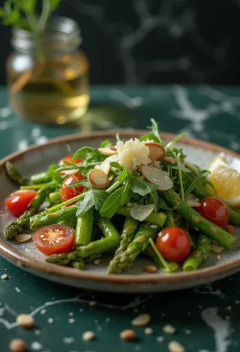 Ensalada de espárragos con aliño de limón servida