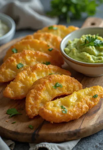 Yuca frita, trozos crujientes con salsa de aguacate y cilantro.