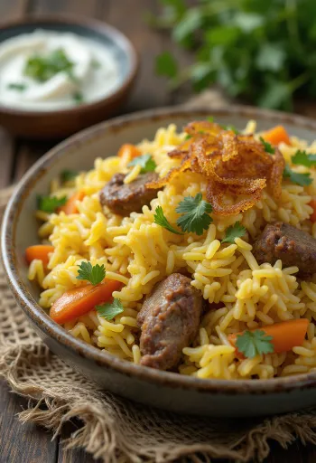 Biryani de cordero con verduras, arroz especiado y carne tierna