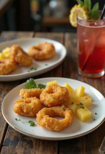 Acarajé servido con piña, bolas de alubia especiadas y piña fresca