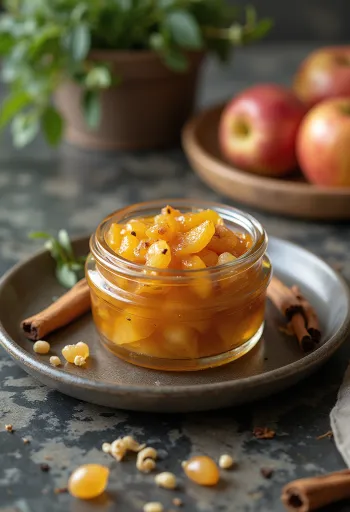 Chutney de manzana en tarro, salsa especiada de rico color naranja