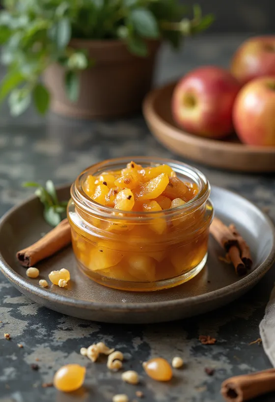 Chutney de manzana en tarro, salsa especiada de rico color naranja