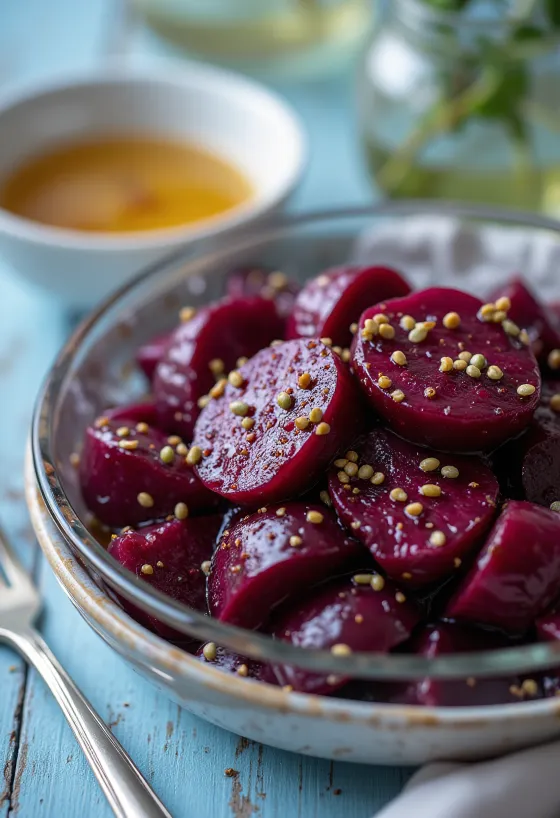 ensalada de remolacha servida con verduras frescas y aderezo de balsámico