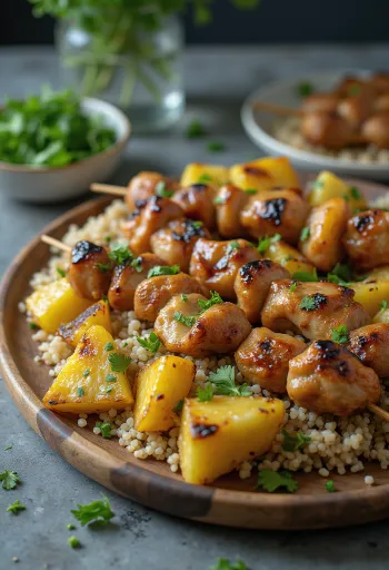 Variaciones de Kebab Agridulce con carnes a la parrilla, piña y salsa de yogur