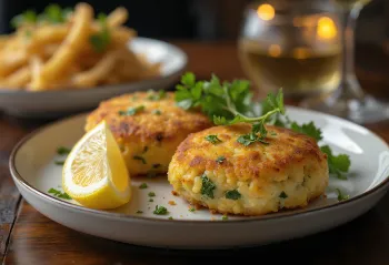Pasteles de pescado con cilantro, palitos de pescado frescos servidos con cilantro y limón