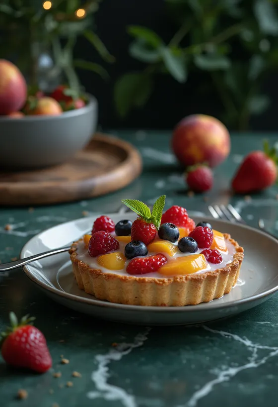 Tarta de frutas frescas en porciones decorada con frutas