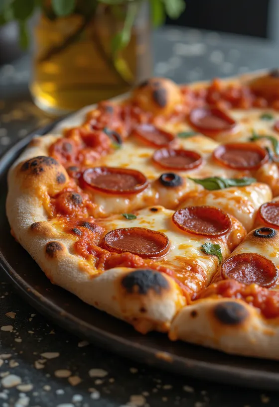 Pizza de queso ahumado y pepperoni recién horneada