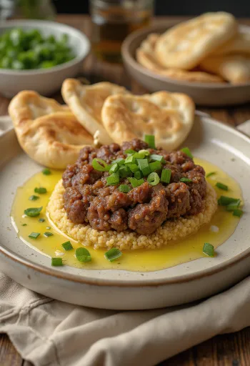 Kibbeh Nayyeh servido con pan de pita fresco y granos de granada