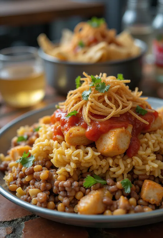Koshari con pollo, plato egipcio de arroz, lentejas, macarrones y pollo en rica salsa de tomate